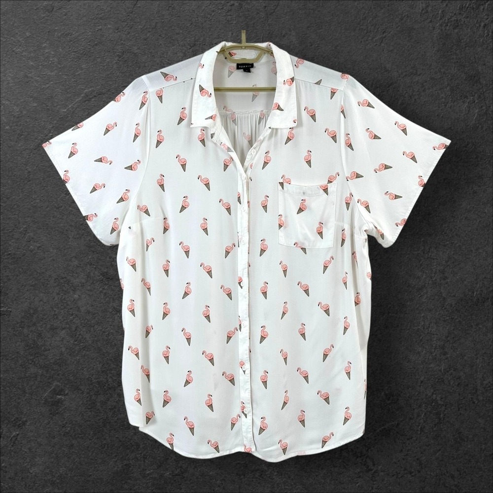 Torrid Flamingo Ice Cream Print Shirt Womens 5X White Rayon Button‎ Front